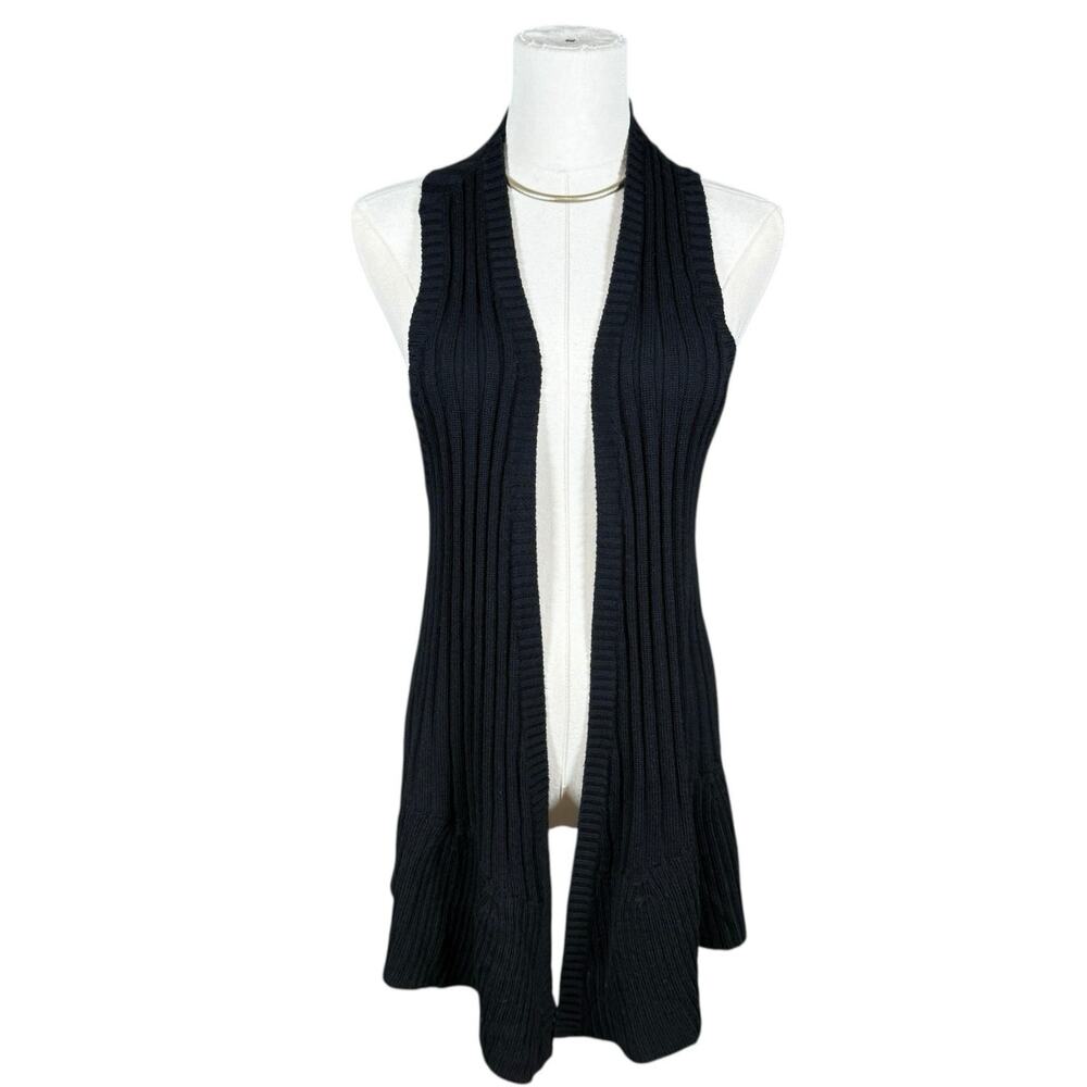 Eileen Fisher Merino Wool Sweater Vest Black Open Front Rib Knit Minimalist M
